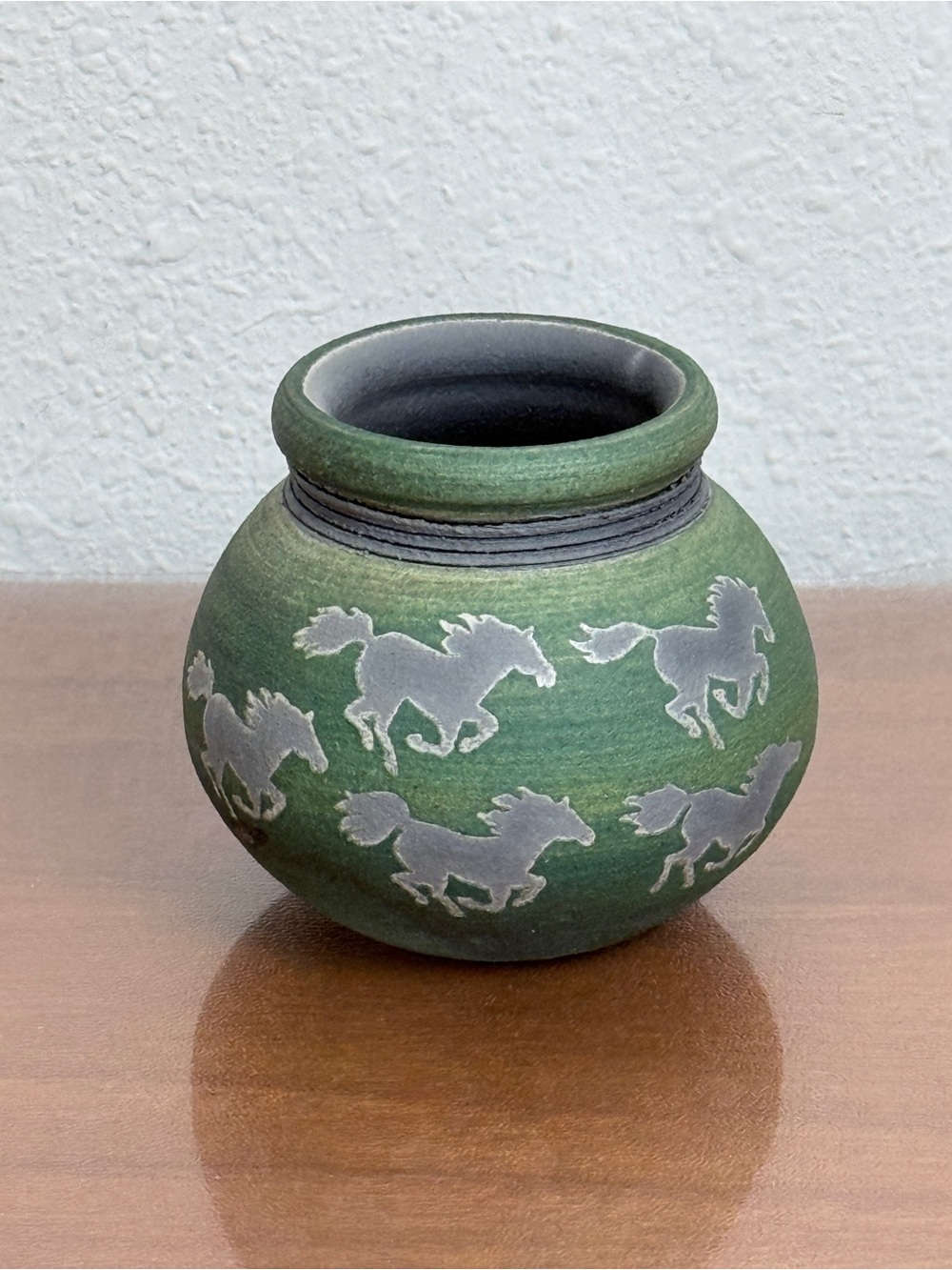 Handmade Raku Small Green Horse Pottery Vase Signed